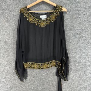 La Nuit Blouse Women 16 Black Geometric Silk Cold Shoulder Long Sleeve Sequin